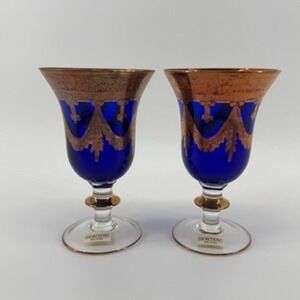 Horchow Set of 2 Cobalt Blue and Gold Gilded Stemware Glasses Made in Italy